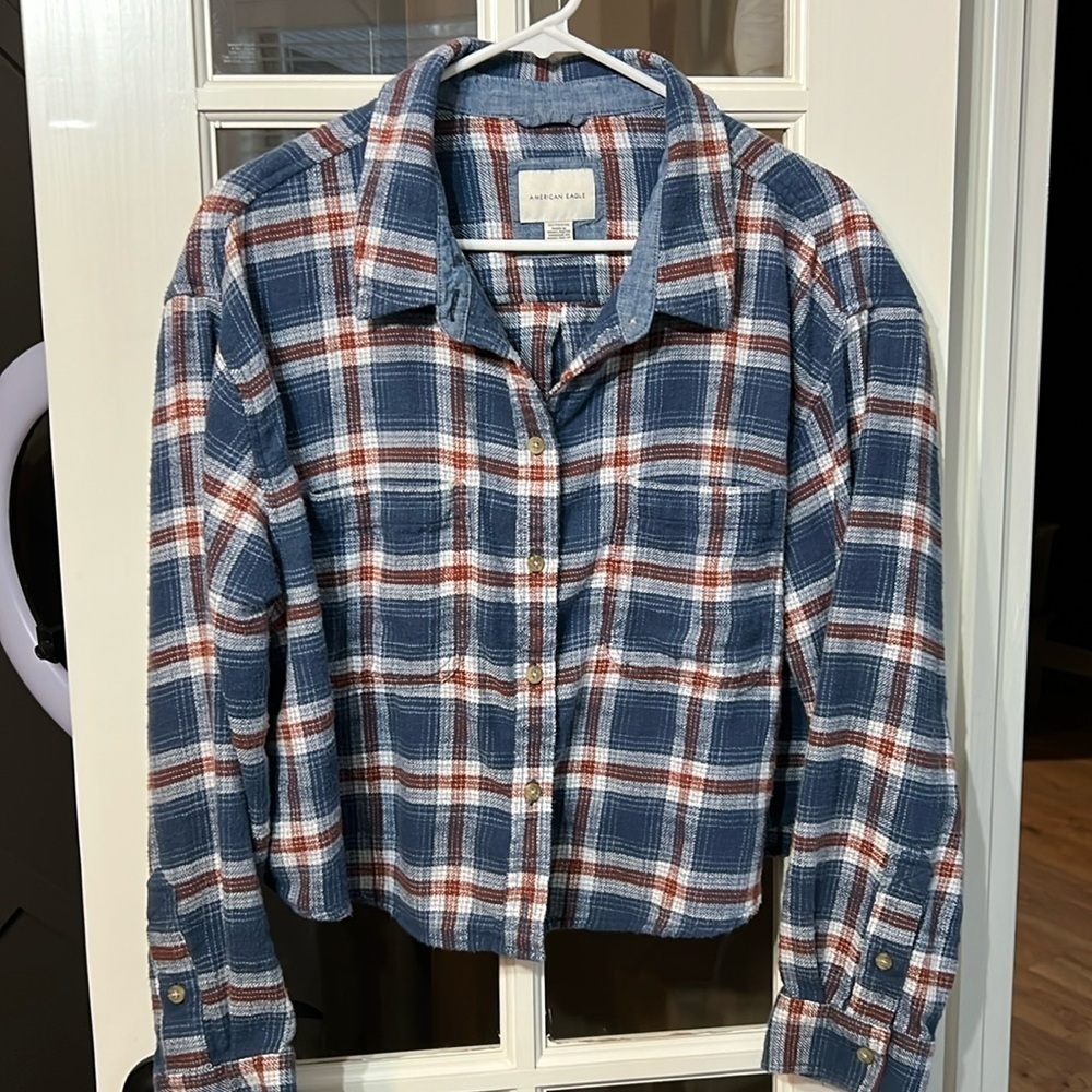 AMERICAN EAGLE Blue Plaid Copped Flannel Button Down Shirt Size XL